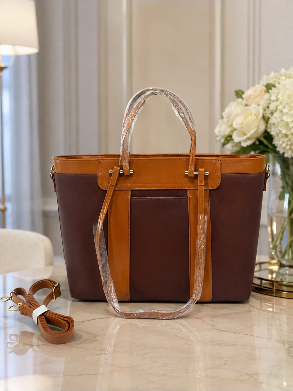 Classic Two-Tone Brown & Tan Tote Bag - Women Bags